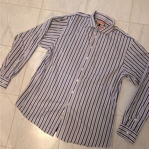 Thomas Pink Blue and White Striped Dress Shirt.  Super slim.  EUC!